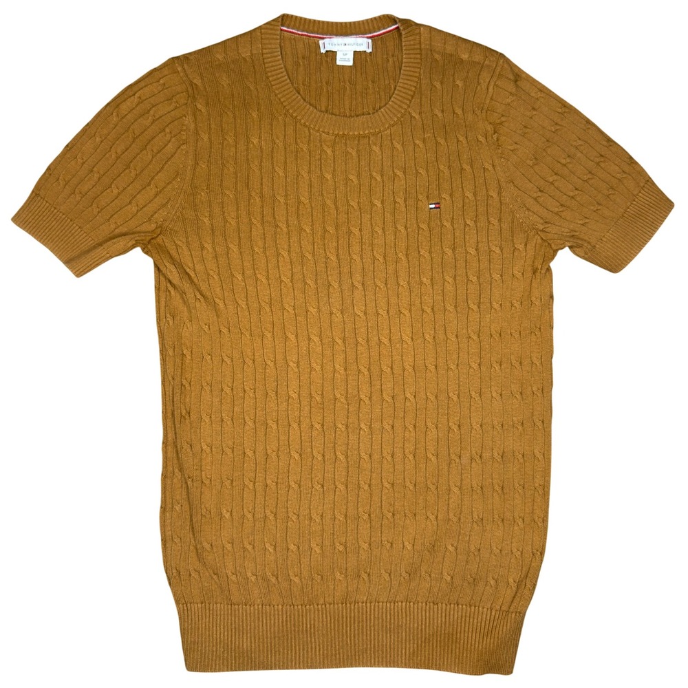 Tommy Hilfiger Short Sleeve Cable Knit Sweater Small Camel Brown 100% Cotton
